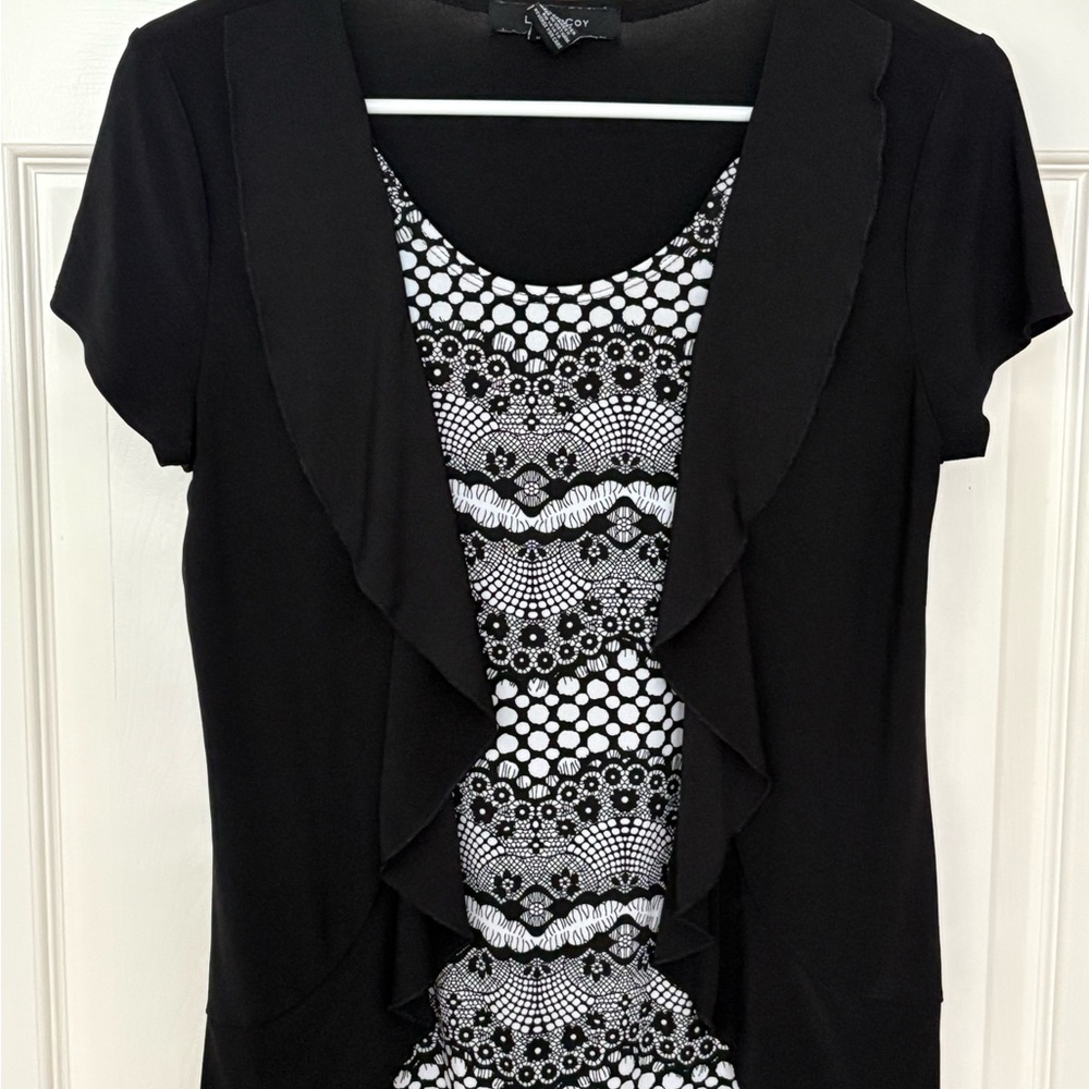 Liz McCoy Women’s Black Sleeve  Monochrome Patterned Top Blouse Formal Work